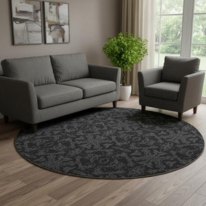 HomeRoots 8' Gray and Charcoal Medallion Washable Round Rug with UV Protection for High-Traffic Areas 665203