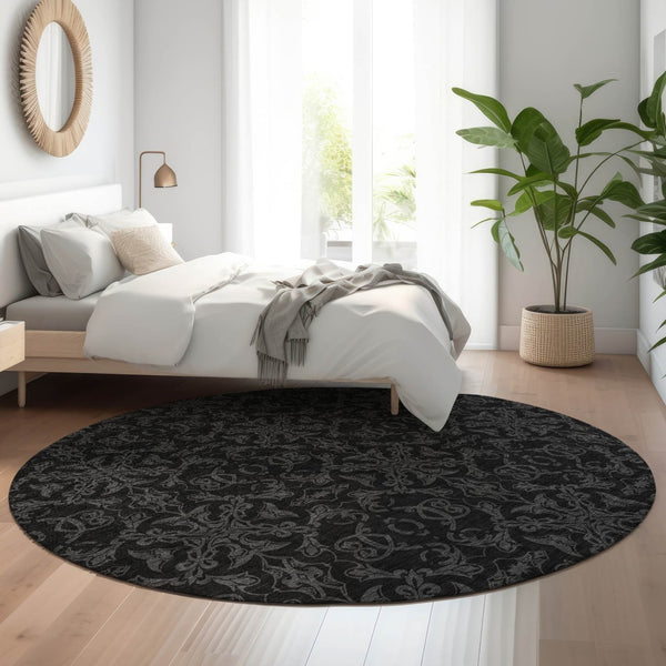 HomeRoots 8' Gray and Charcoal Medallion Washable Round Rug with UV Protection for High-Traffic Areas 665203