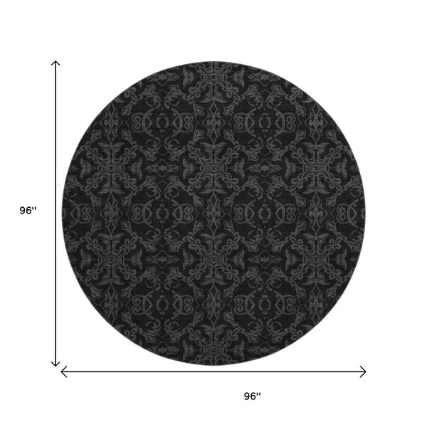 HomeRoots 8' Gray and Charcoal Medallion Washable Round Rug with UV Protection for High-Traffic Areas 665203