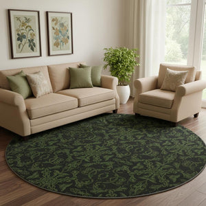 HomeRoots 8' Olive Green & Charcoal Medallion Round Rug - Washable, UV Protected, Pet-Friendly Decor Accent 665215