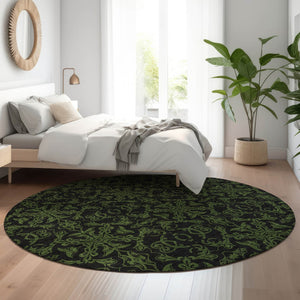 HomeRoots 8' Olive Green & Charcoal Medallion Round Rug - Washable, UV Protected, Pet-Friendly Decor Accent 665215