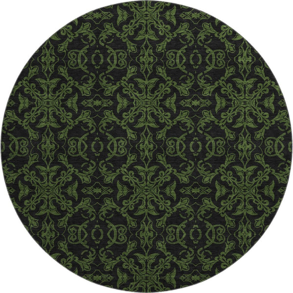 HomeRoots 8' Olive Green & Charcoal Medallion Round Rug - Washable, UV Protected, Pet-Friendly Decor Accent 665215