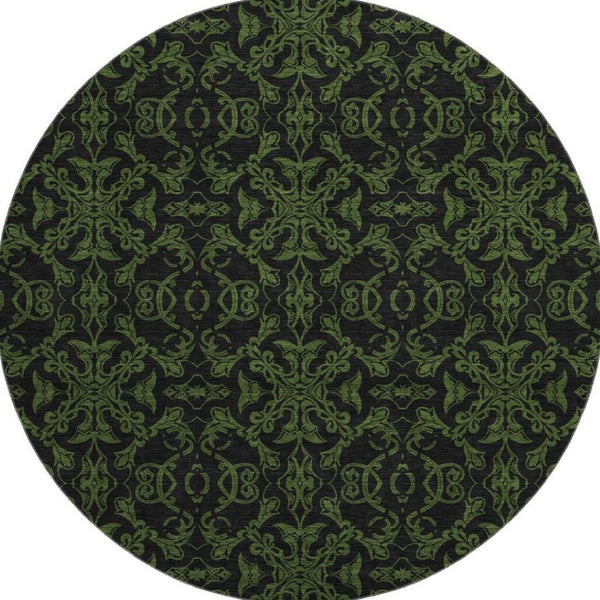HomeRoots 8' Olive Green & Charcoal Medallion Round Rug - Washable, UV Protected, Pet-Friendly Decor Accent 665215