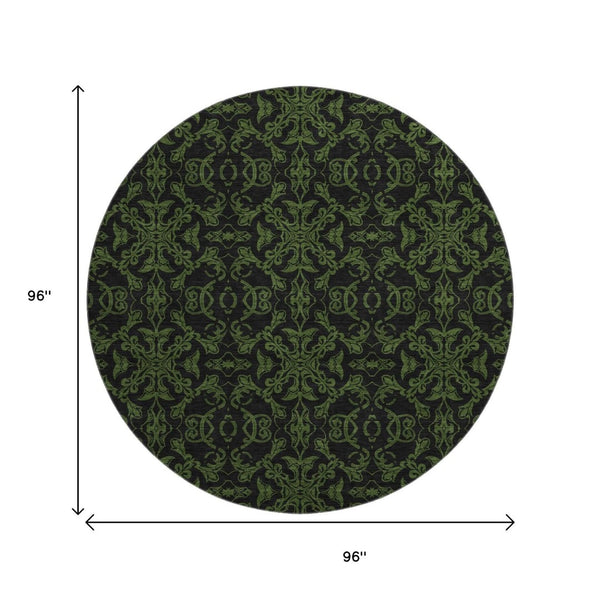 HomeRoots 8' Olive Green & Charcoal Medallion Round Rug - Washable, UV Protected, Pet-Friendly Decor Accent 665215
