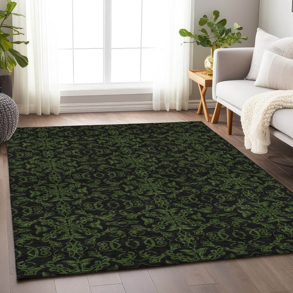 HomeRoots 8' X 10' Olive Green & Charcoal Medallion Area Rug - Durable, Washable, UV Protected for Any Room 665216