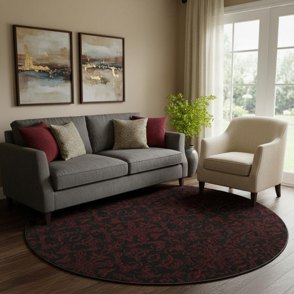 HomeRoots 8' Red And Black Medallion Round Rug - Washable, UV Protected, Stain Resistant for Busy Homes 665221