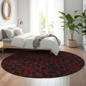 HomeRoots 8' Red And Black Medallion Round Rug - Washable, UV Protected, Stain Resistant for Busy Homes 665221