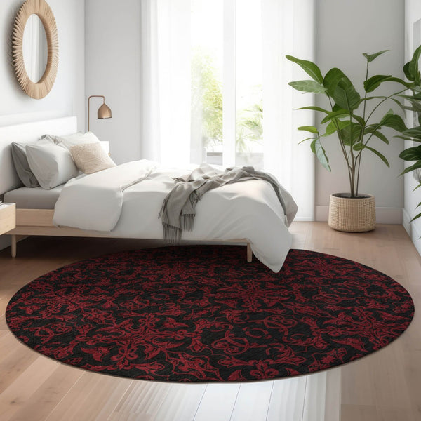 HomeRoots 8' Red And Black Medallion Round Rug - Washable, UV Protected, Stain Resistant for Busy Homes 665221