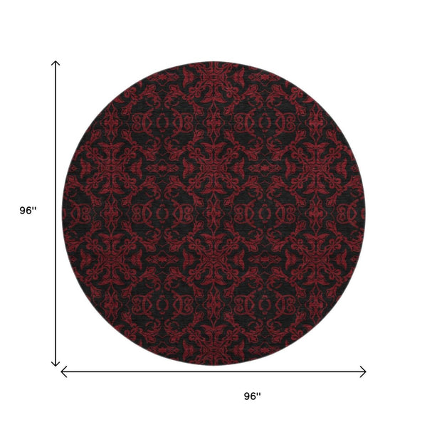 HomeRoots 8' Red And Black Medallion Round Rug - Washable, UV Protected, Stain Resistant for Busy Homes 665221
