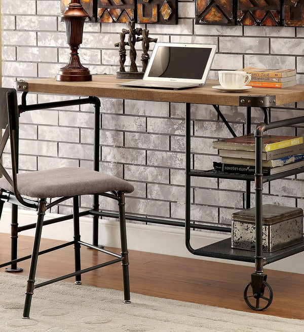 English Elm Industrial Desk with Rustic Replicated Wood Top, Metal Pipe Frame, Caster Wheel Accents, 47.25"W x 30.1"H Antique Black 52 L x 26 W x 9 H B2741P342770