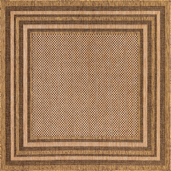 Unique Loom Outdoor Border Multi Border Machine Made Border Rug Light Brown, Brown/Light Brown/Gold 6' 0" x 6' 0"