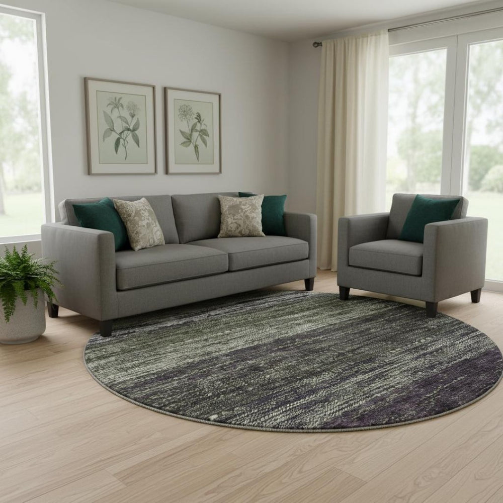 HomeRoots 8' Ombre Round Rug in Green, Purple & Ivory - Washable, UV Protected, Stylish & Durable for Homes 665251