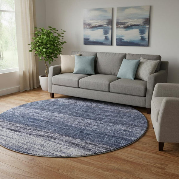 HomeRoots 8' Blue Ivory and Beige Abstract Washable Round Rug - UV Protected, Stain Resistant, Modern Style 665257