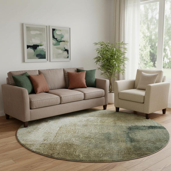 HomeRoots 8' Washable Round Rug in Brown, Beige & Ivory - UV Protected, Stain Resistant, Modern Abstract Design 665263