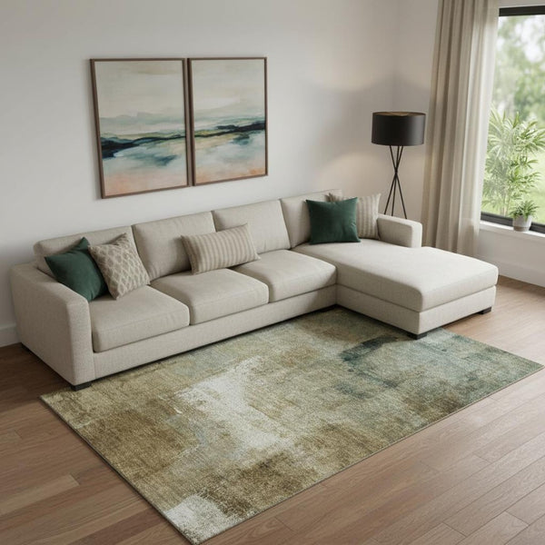 HomeRoots 8' X 10' Washable Brown Beige Ivory Abstract Area Rug with UV Protection for Family-Friendly Homes 665264