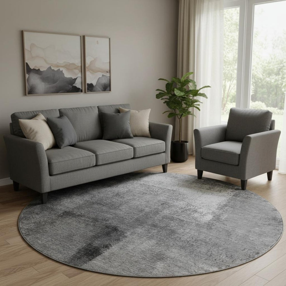 HomeRoots 8' Gray Silver and Charcoal Abstract Round Rug – Washable, UV Protected, Stain Resistant Design for Any Room 665269