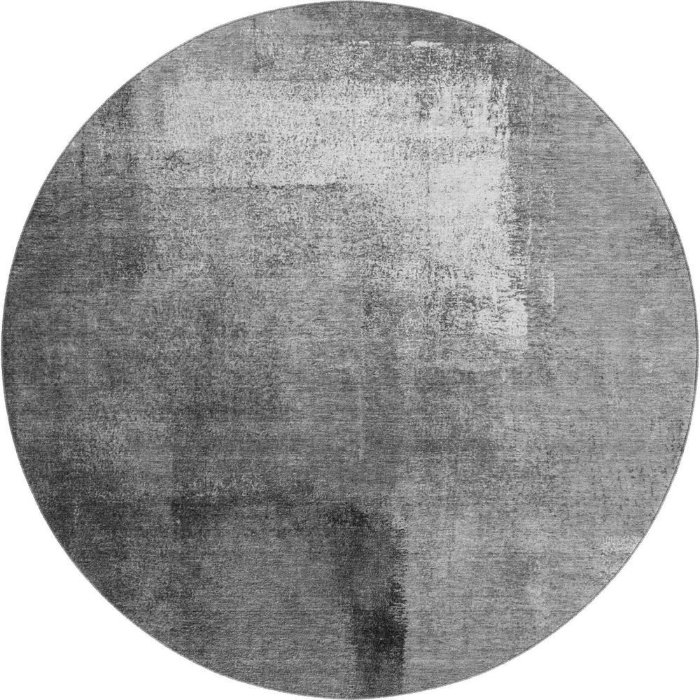 HomeRoots 8' Gray Silver and Charcoal Abstract Round Rug – Washable, UV Protected, Stain Resistant Design for Any Room 665269