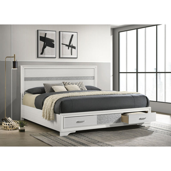 English Elm May Contemporary Eastern King Storage Bed with Shimmery Foil Headboard & Rhinestone Pulls, White B062S01085
