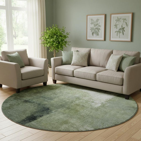 HomeRoots 8' Green And Ivory Abstract Washable Round Rug – UV-Protected, Stain-Resistant, Perfect for Busy Homes 665275