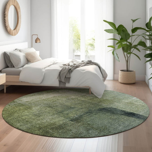 HomeRoots 8' Green And Ivory Abstract Washable Round Rug – UV-Protected, Stain-Resistant, Perfect for Busy Homes 665275