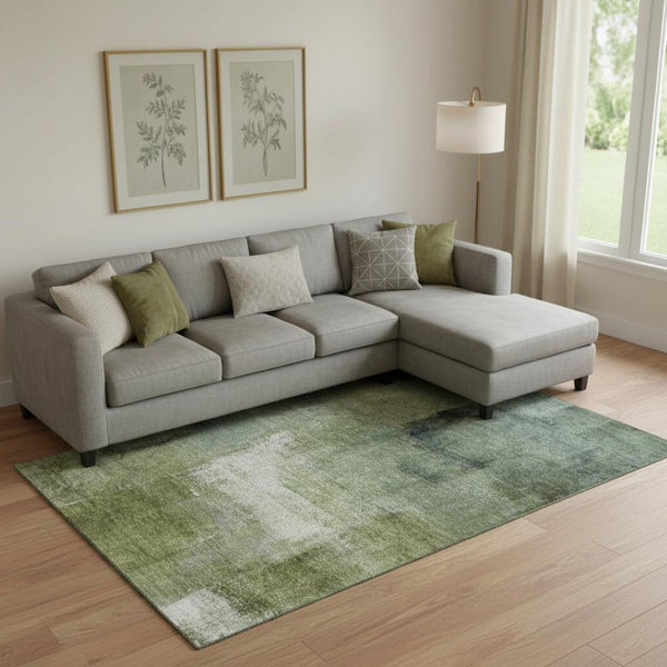 HomeRoots 9' X 12' Abstract Green And Ivory Washable Area Rug – Stain-Resistant, UV Protected, Durable Design 665277
