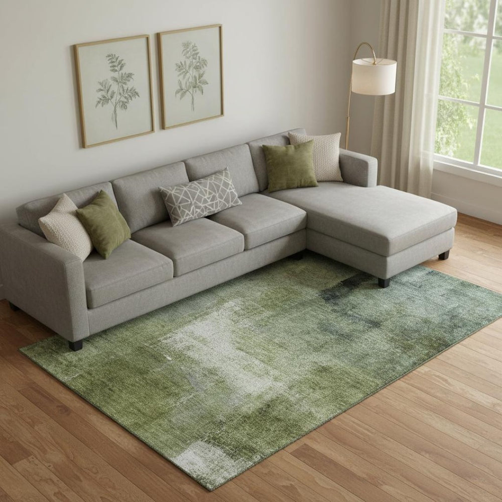 HomeRoots 10' X 14' Green And Ivory Abstract Area Rug - Washable, UV Protected, Ideal for Busy Homes & Decor 665278