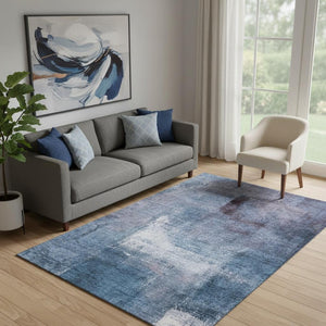 HomeRoots 5' X 8' Navy Blue & Ivory Abstract Washable Area Rug - Stylish, Durable, UV-Resistant Design for Homes 665280