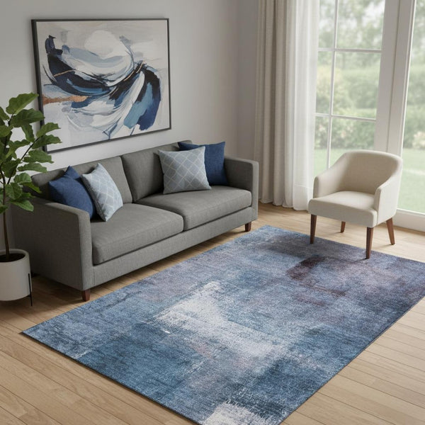 HomeRoots 5' X 8' Navy Blue & Ivory Abstract Washable Area Rug - Stylish, Durable, UV-Resistant Design for Homes 665280