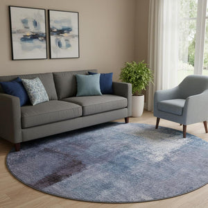 HomeRoots 8' Navy Blue and Ivory Washable Round Rug - Modern Abstract Design with UV Protection & Durability 665281
