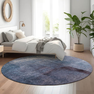 HomeRoots 8' Navy Blue and Ivory Washable Round Rug - Modern Abstract Design with UV Protection & Durability 665281