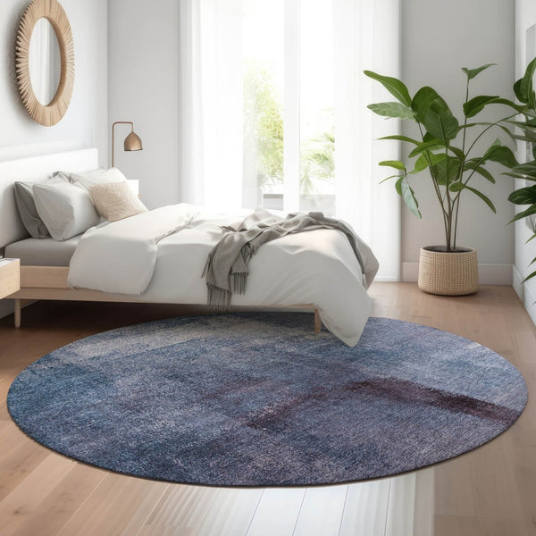 HomeRoots 8' Navy Blue and Ivory Washable Round Rug - Modern Abstract Design with UV Protection & Durability 665281