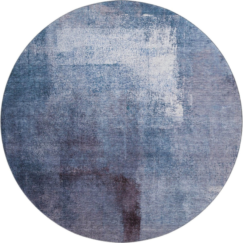 HomeRoots 8' Navy Blue and Ivory Washable Round Rug - Modern Abstract Design with UV Protection & Durability 665281