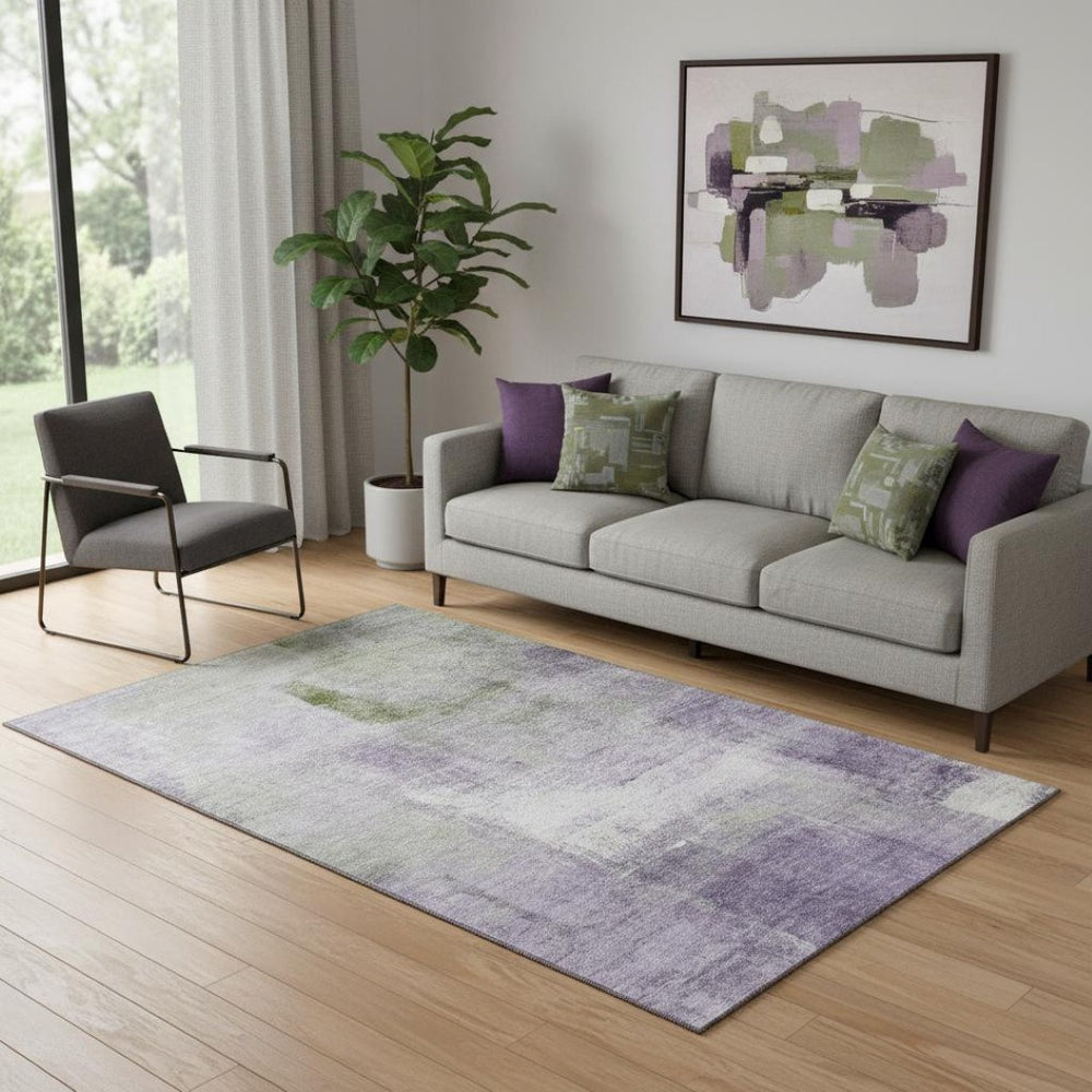 HomeRoots 5' X 8' Washable Abstract Area Rug in Purple, Ivory & Green - UV Protected, Perfect for Homes with Kids! 665286