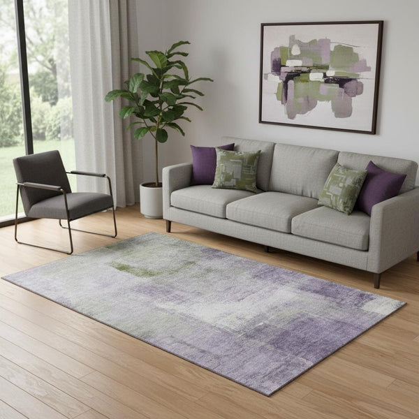 HomeRoots 5' X 8' Washable Abstract Area Rug in Purple, Ivory & Green - UV Protected, Perfect for Homes with Kids! 665286