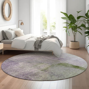 HomeRoots 8' Modern Abstract Round Rug in Purple, Ivory & Green - Washable, UV Protected & Stain Resistant! 665287