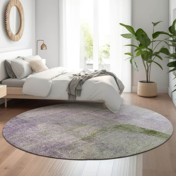 HomeRoots 8' Modern Abstract Round Rug in Purple, Ivory & Green - Washable, UV Protected & Stain Resistant! 665287