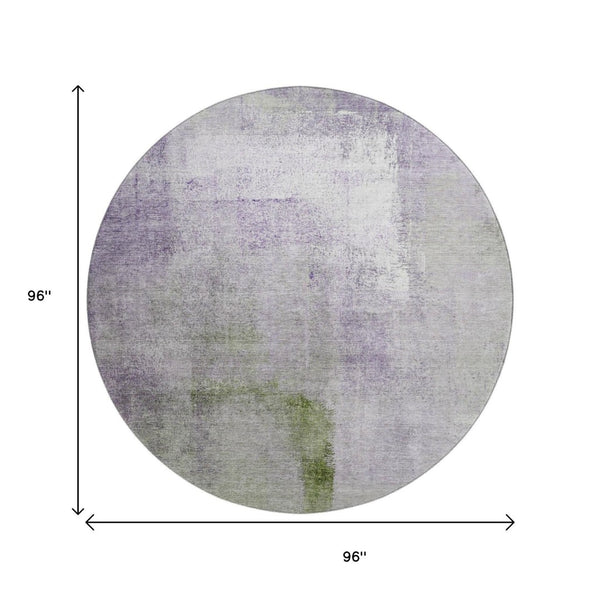 HomeRoots 8' Modern Abstract Round Rug in Purple, Ivory & Green - Washable, UV Protected & Stain Resistant! 665287