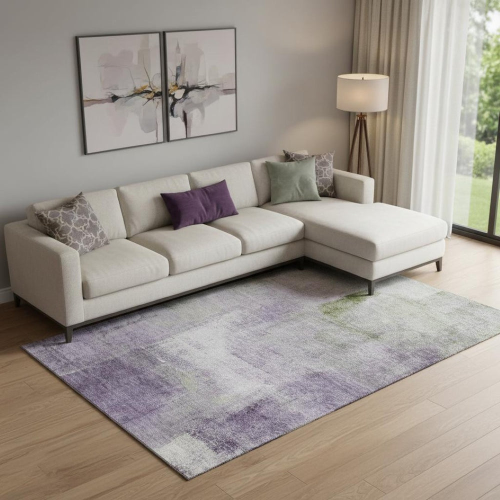 HomeRoots 8' X 10' Washable Purple Ivory Green Abstract Area Rug with UV Protection for Modern Living Spaces 665288