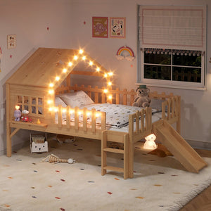 English Elm Twin Playhouse Loft Bed Solid Pine Frame with Slide Led Lights and Star Roof Natural W5316S00005