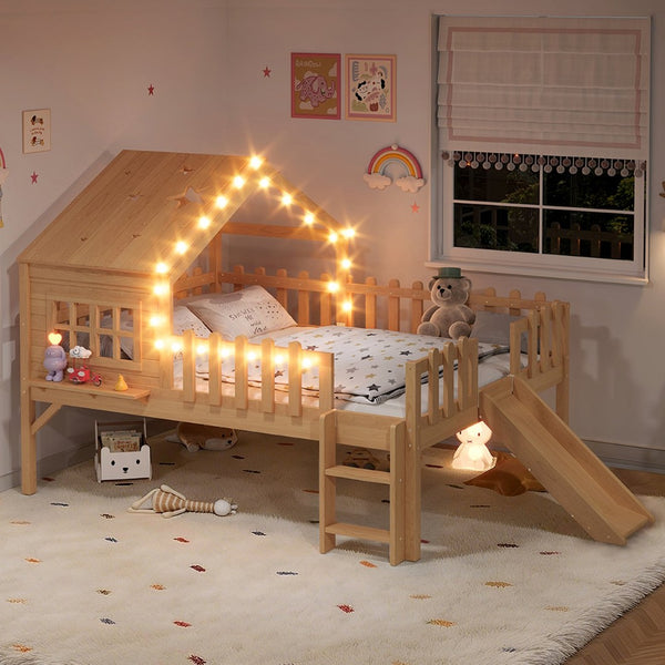 English Elm Twin Playhouse Loft Bed Solid Pine Frame with Slide Led Lights and Star Roof Natural W5316S00005