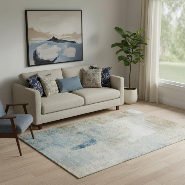 HomeRoots 5' X 8' Washable Area Rug in Taupe, Blue & Ivory – UV Protected, Durable, Stylish Abstract Design! 665292