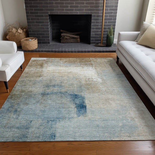 HomeRoots 5' X 8' Washable Area Rug in Taupe, Blue & Ivory – UV Protected, Durable, Stylish Abstract Design! 665292
