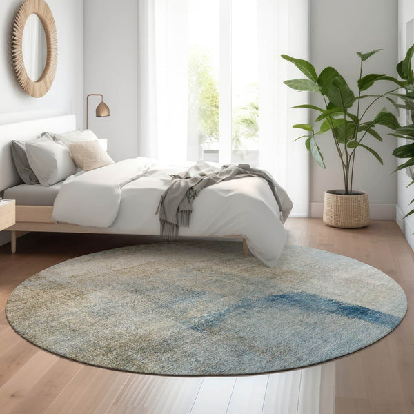 HomeRoots 8' Modern Abstract Taupe Blue Ivory Round Rug – Washable, UV-Protected, Durable for High-Traffic Spaces 665293
