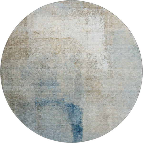 HomeRoots 8' Modern Abstract Taupe Blue Ivory Round Rug – Washable, UV-Protected, Durable for High-Traffic Spaces 665293