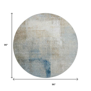 HomeRoots 8' Modern Abstract Taupe Blue Ivory Round Rug – Washable, UV-Protected, Durable for High-Traffic Spaces 665293