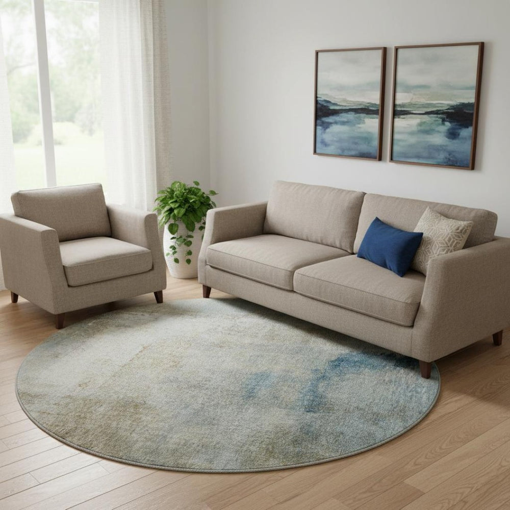 HomeRoots 8' Modern Abstract Taupe Blue Ivory Round Rug – Washable, UV-Protected, Durable for High-Traffic Spaces 665293