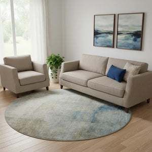HomeRoots 8' Modern Abstract Taupe Blue Ivory Round Rug – Washable, UV-Protected, Durable for High-Traffic Spaces 665293