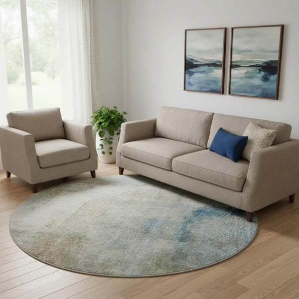 HomeRoots 8' Modern Abstract Taupe Blue Ivory Round Rug – Washable, UV-Protected, Durable for High-Traffic Spaces 665293