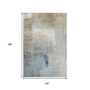 HomeRoots 10' X 14' Taupe Blue Ivory Abstract Washable Area Rug - Durable, UV-Protected, Ideal for Families 665296