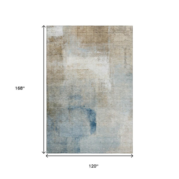 HomeRoots 10' X 14' Taupe Blue Ivory Abstract Washable Area Rug - Durable, UV-Protected, Ideal for Families 665296
